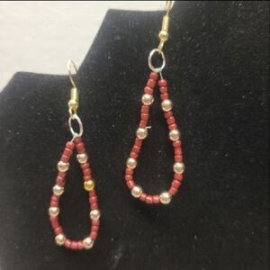 Hand Crafted Elegant Red Seed Beaded Loop Earrings